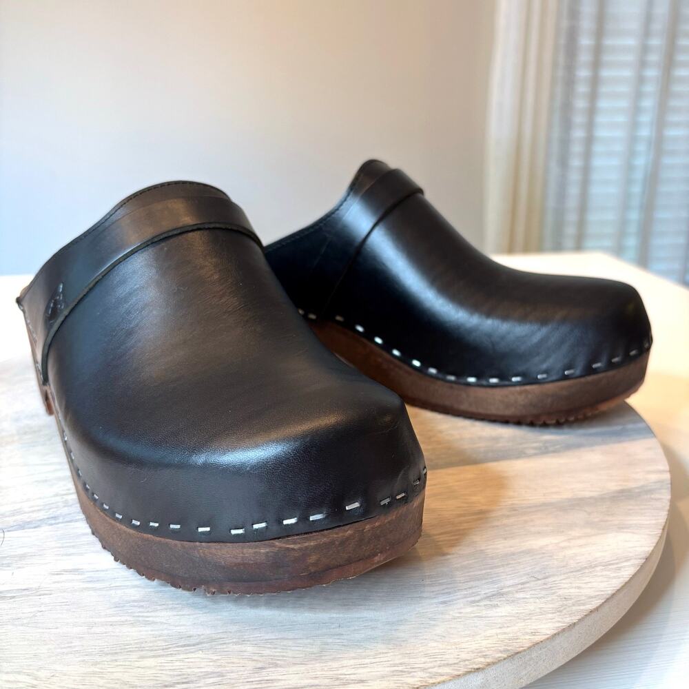 Sandgrens Men's Black Leather Swedish Clogs Wood Sole Slip On Mules EU 47 US 13